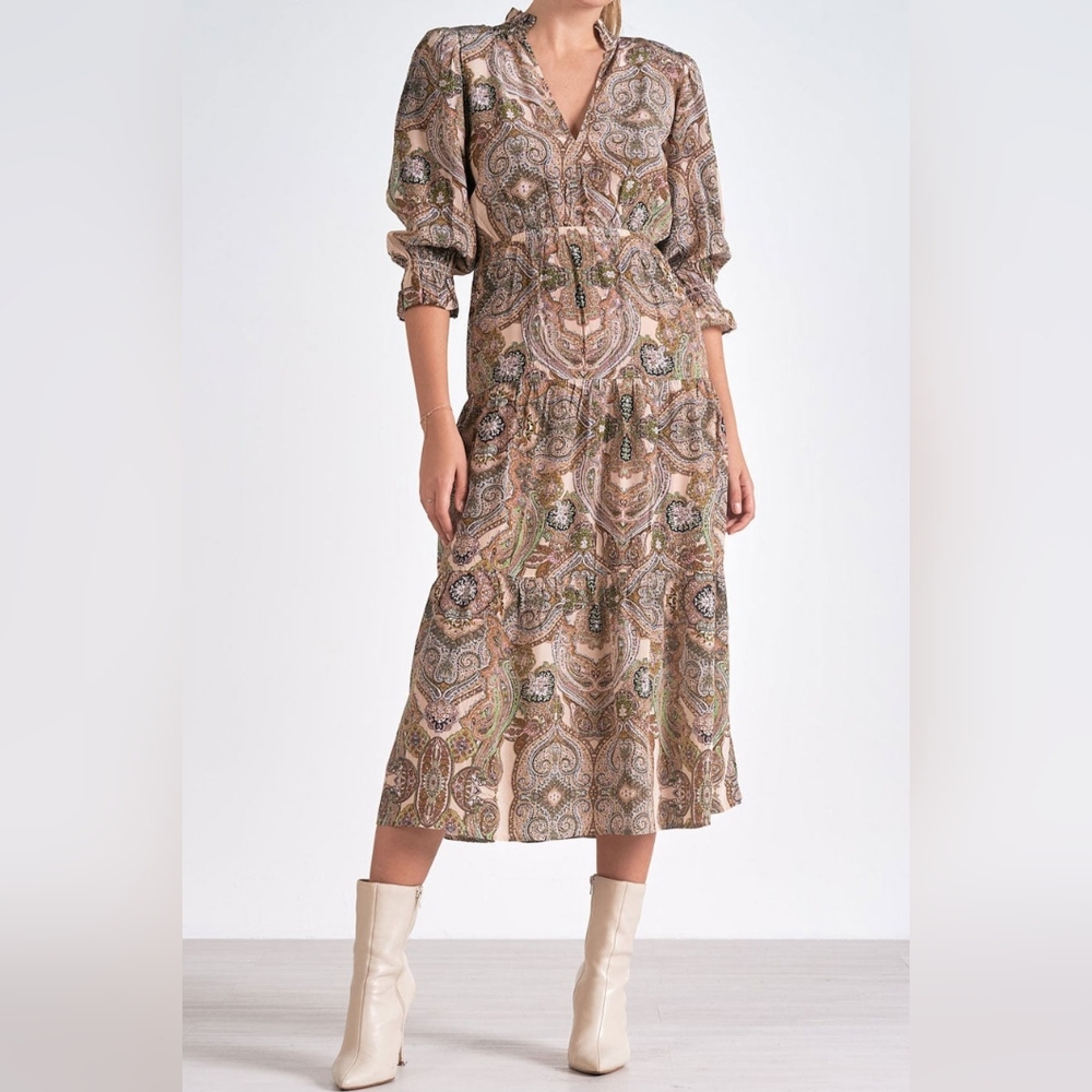 Elan Tan and Brown Crew Neck Sundress